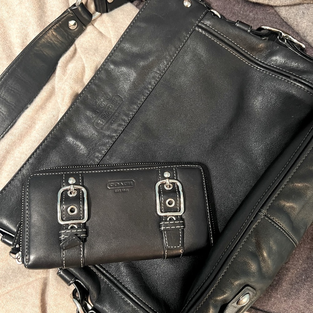 Vintage Coach Shoulder Bag & Wallet Set, Black Leather with Silver Hardware